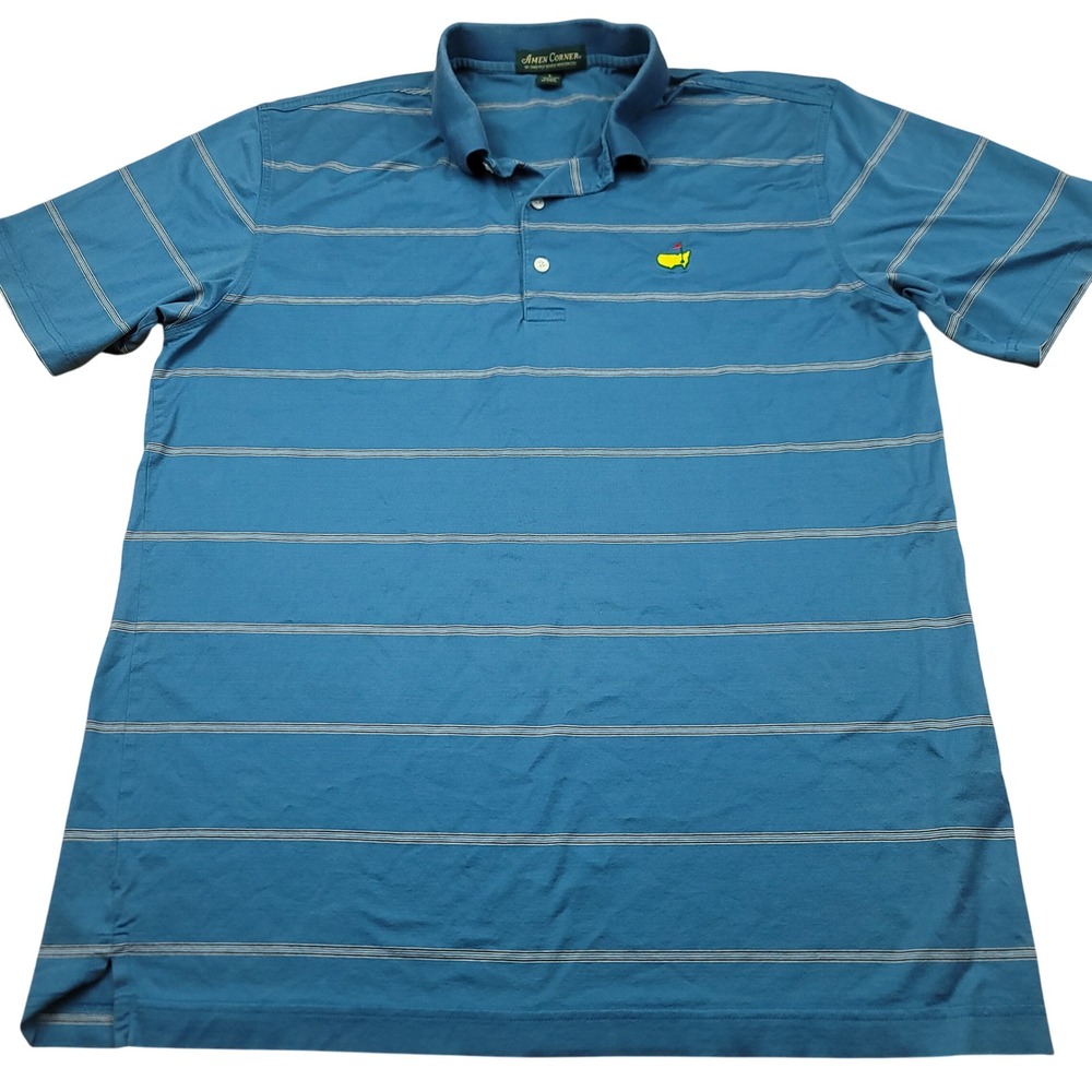 Amen Corner Masters Golf Polo‎ Shirt Mens Large Blue Striped Logo Augusta